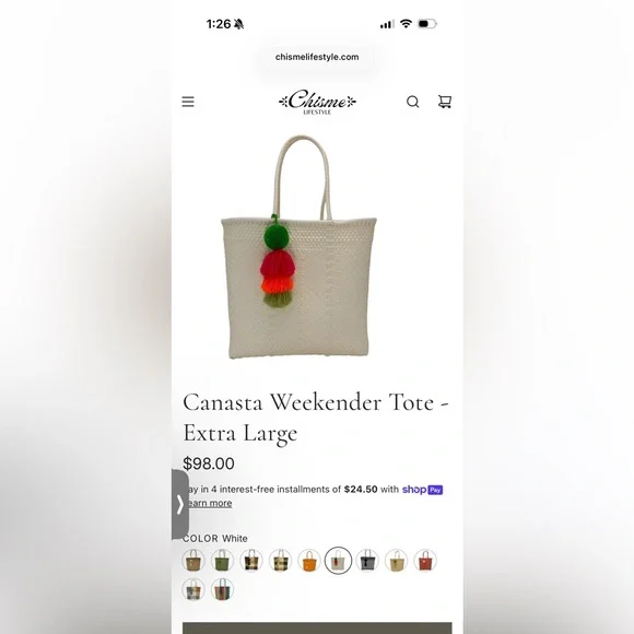 White Woven Tote Bag with Tassels - Picture 3 of 4